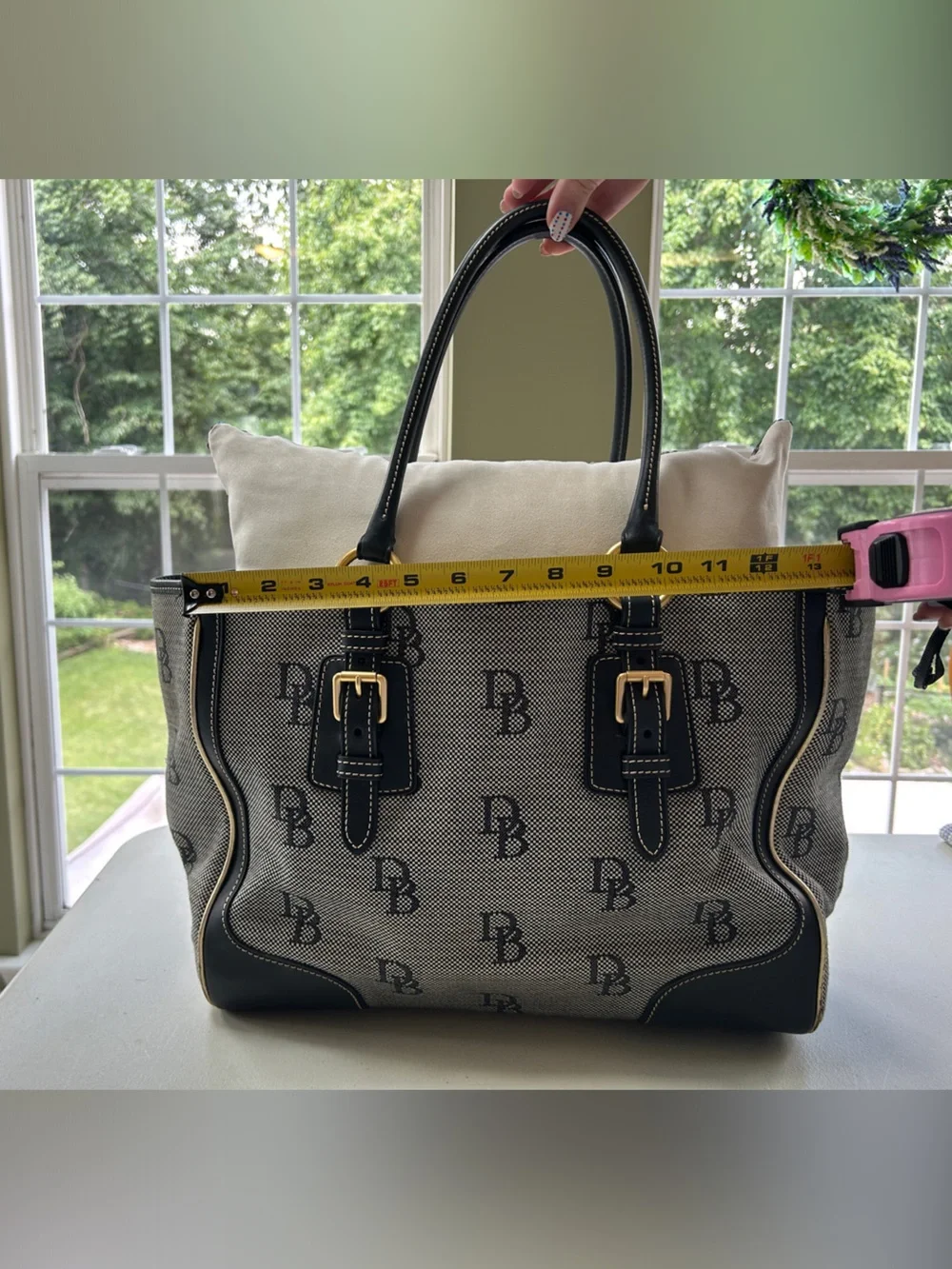 Dooney & Bourke Navy and White Logo Buckle Tote